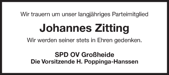 Traueranzeige von Johannes Zitting von Ostfriesischer Kurier