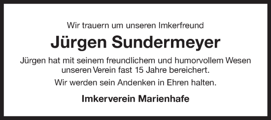 Traueranzeige von Jürgen Sundermeyer von Ostfriesischer Kurier