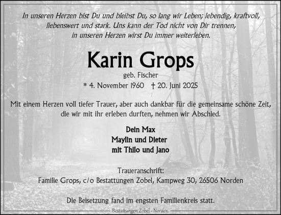 Traueranzeige von Karin Grops von Ostfriesischer Kurier