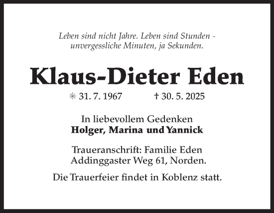Traueranzeige von Klaus-Dieter Eden von Ostfriesischer Kurier