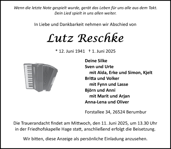 Traueranzeige von Lutz Reschke von Ostfriesischer Kurier