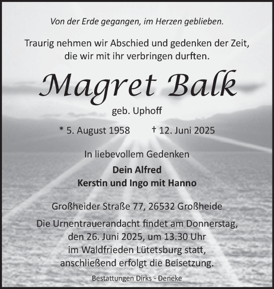 Traueranzeige von Magret Balk von Ostfriesischer Kurier