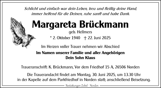 Traueranzeige von Margareta Brückmann von Ostfriesischer Kurier