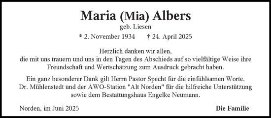 Traueranzeige von Maria Albers von Ostfriesischer Kurier