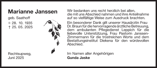 Traueranzeige von Marianne Janssen von Ostfriesischer Kurier