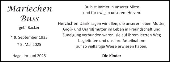 Traueranzeige von Mariechen Buss von Ostfriesischer Kurier