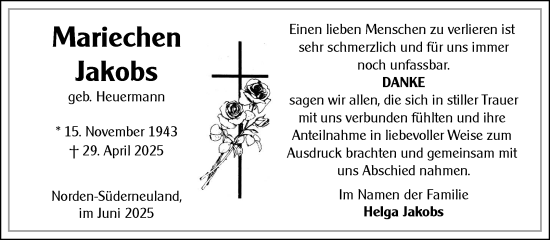 Traueranzeige von Mariechen Jakobs von Ostfriesischer Kurier