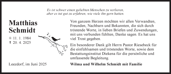 Traueranzeige von Matthias Schmidt von Ostfriesischer Kurier