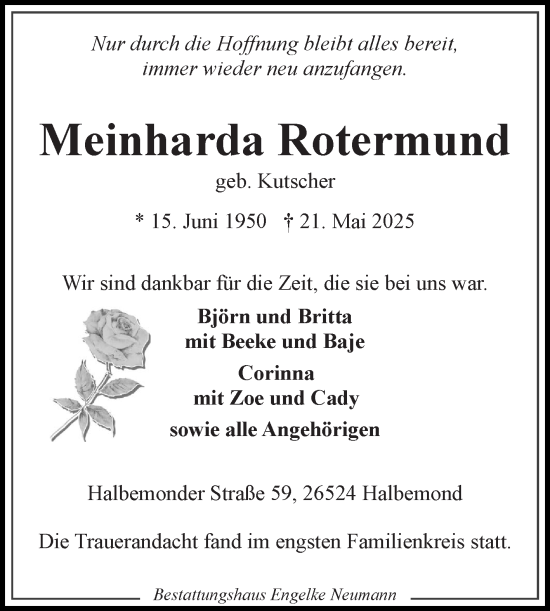 Traueranzeige von Meinharda Rotermund von Ostfriesischer Kurier