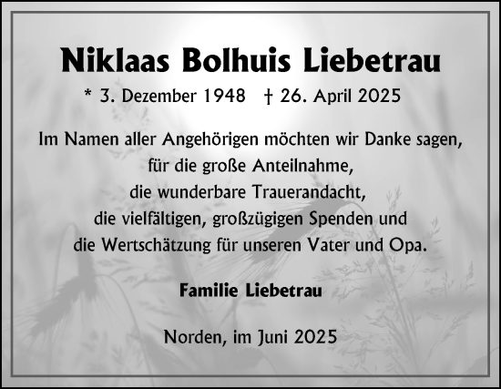 Traueranzeige von Niklaas Bolhuis Liebetrau von Ostfriesischer Kurier