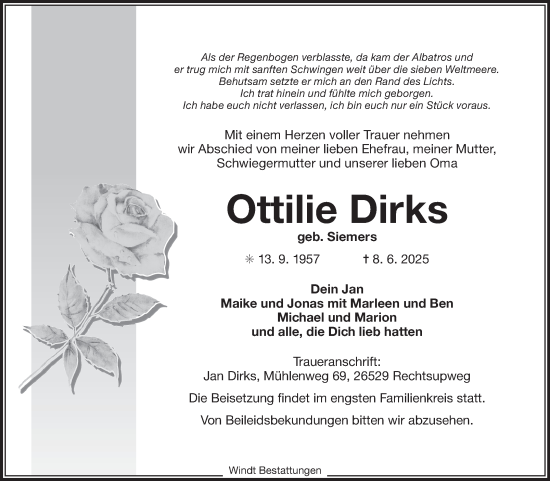 Traueranzeige von Ottilie Dirks von Ostfriesischer Kurier