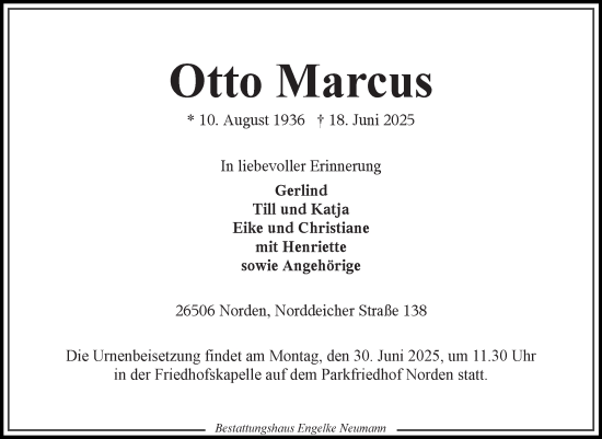 Traueranzeige von Otto Marcus von Ostfriesischer Kurier