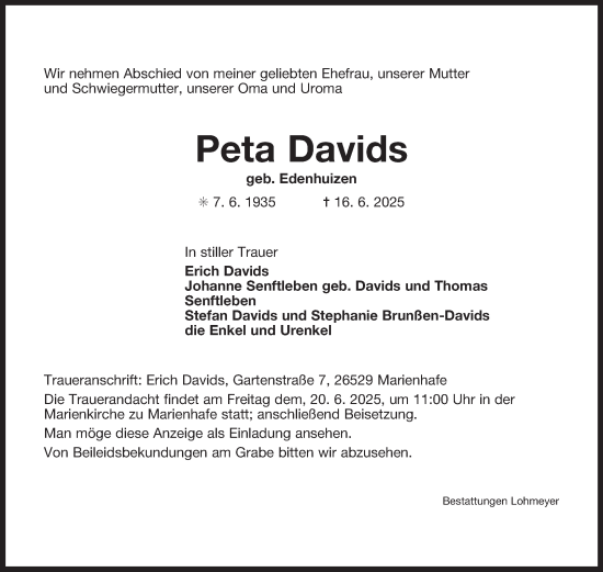 Traueranzeige von Peta Davids von Ostfriesischer Kurier