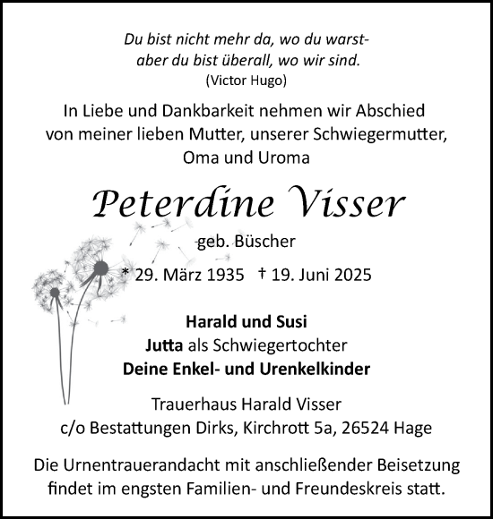 Traueranzeige von Peterdine Visser von Ostfriesischer Kurier