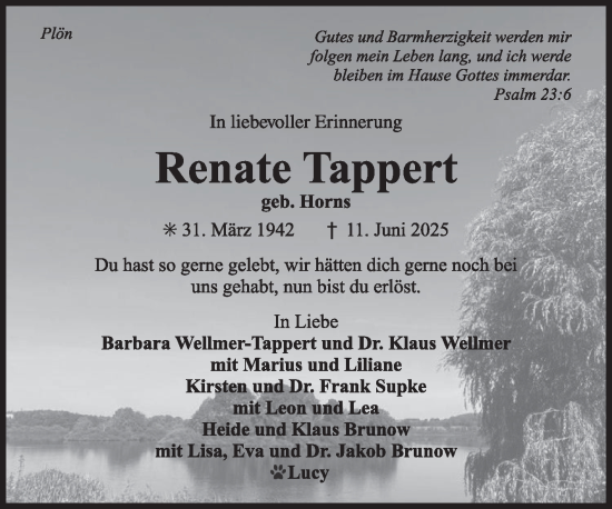 Traueranzeige von Renate Tappert von Ostfriesischer Kurier