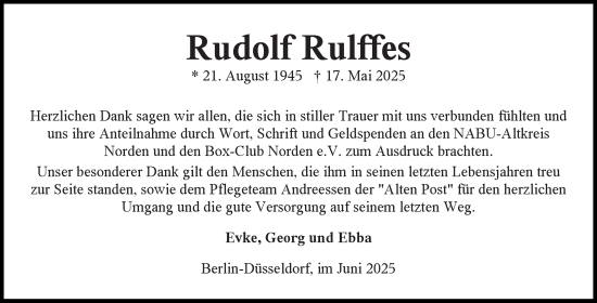 Traueranzeige von Rudolf Rulffes von Ostfriesischer Kurier