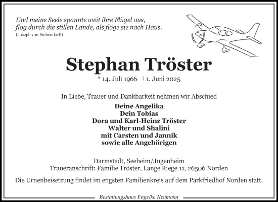 Traueranzeige von Stephan Tröster von Ostfriesischer Kurier