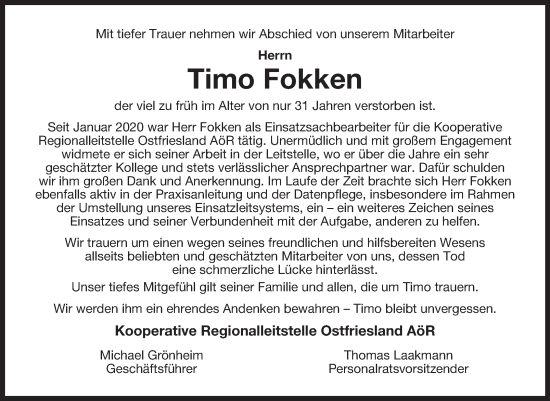 Traueranzeige von Timo Fokken von Ostfriesischer Kurier