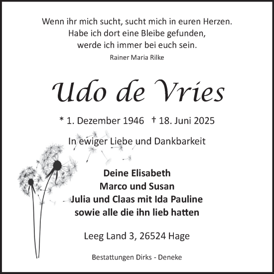 Traueranzeige von Udo de Vries von Ostfriesischer Kurier