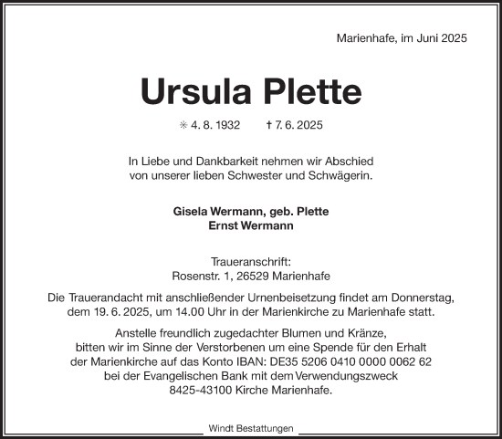 Traueranzeige von Ursula Plette von Ostfriesischer Kurier
