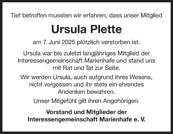 Traueranzeige von Ursula Plette von Ostfriesischer Kurier
