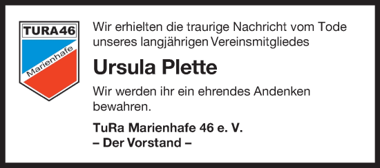 Traueranzeige von Ursula Plette von Ostfriesischer Kurier