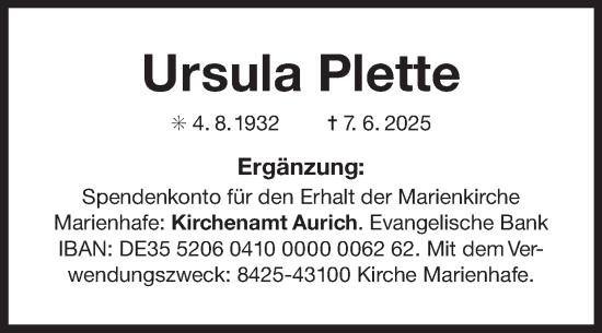 Traueranzeige von Ursula Plette von Ostfriesischer Kurier