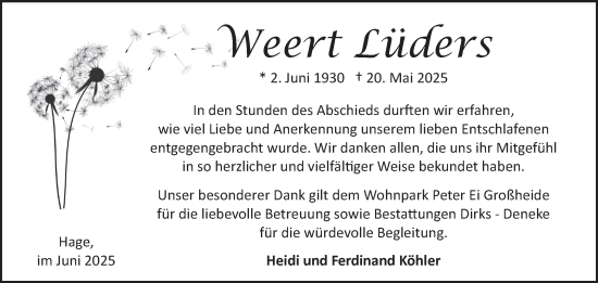 Traueranzeige von Weert Lüders von Ostfriesischer Kurier