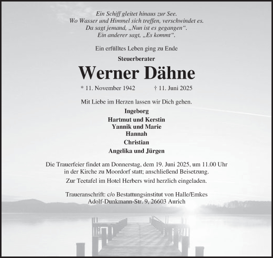 Traueranzeige von Werner Dähne von Ostfriesischer Kurier
