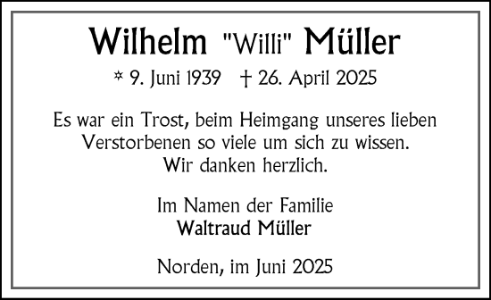 Traueranzeige von Wilhelm Müller von Ostfriesischer Kurier