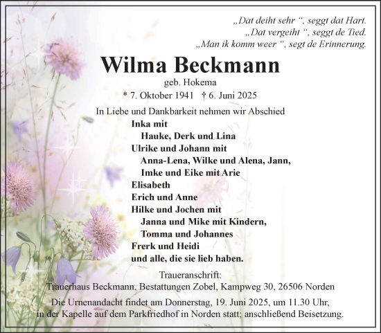 Traueranzeige von Wilma Beckmann von Ostfriesischer Kurier