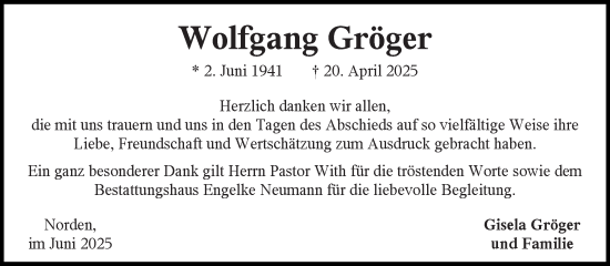 Traueranzeige von Wolfgang Gröger von Ostfriesischer Kurier