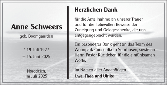 Traueranzeige von Anne Schweers von Ostfriesischer Kurier