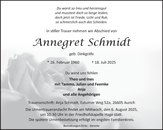 Traueranzeige von Annegret Schmidt von Ostfriesischer Kurier