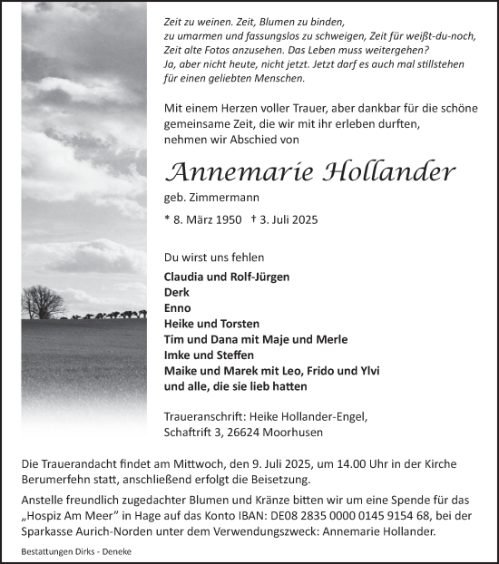 Traueranzeige von Annemarie Hollander von Ostfriesischer Kurier