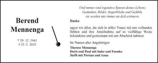 Traueranzeige von Berend Mennenga von Ostfriesischer Kurier
