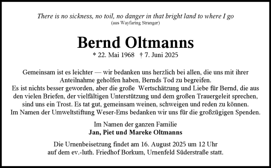 Traueranzeige von Bernd Oltmanns von Ostfriesischer Kurier