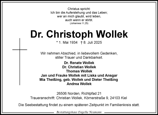 Traueranzeige von Christoph Wollek von Ostfriesischer Kurier