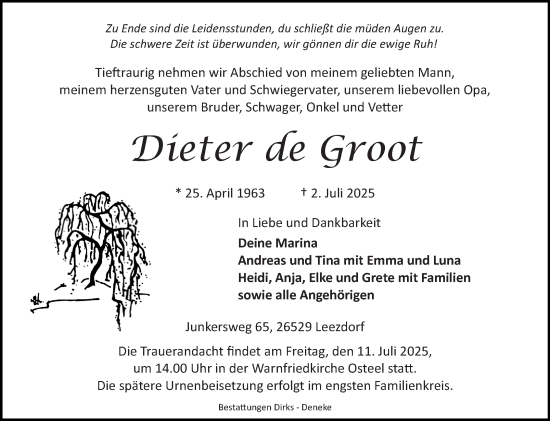 Traueranzeige von Dieter de Groot von Ostfriesischer Kurier