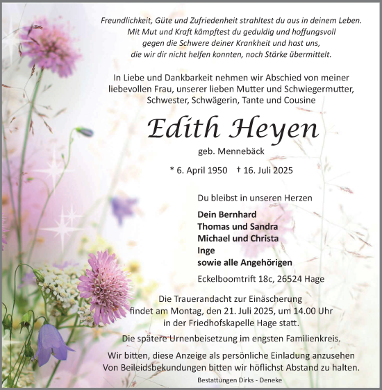 Traueranzeige von Edith Heyen von Ostfriesischer Kurier