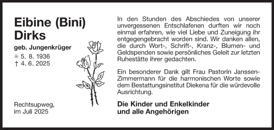 Traueranzeige von Eibine Dirks von Ostfriesischer Kurier