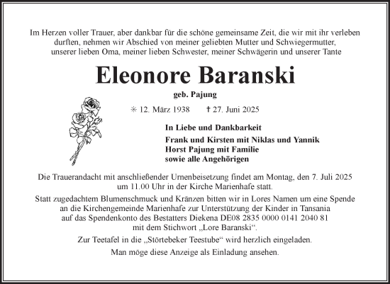 Traueranzeige von Eleonore Baranski von Ostfriesischer Kurier