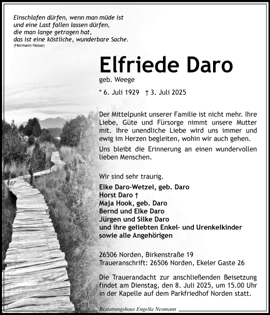 Traueranzeige von Elfriede Daro von Ostfriesischer Kurier