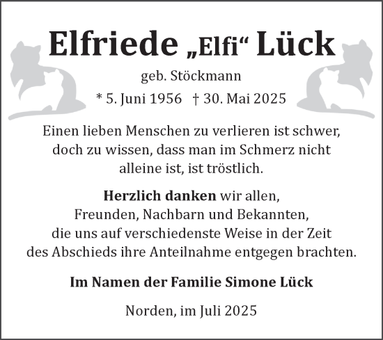 Traueranzeige von Elfriede Lück von Ostfriesischer Kurier