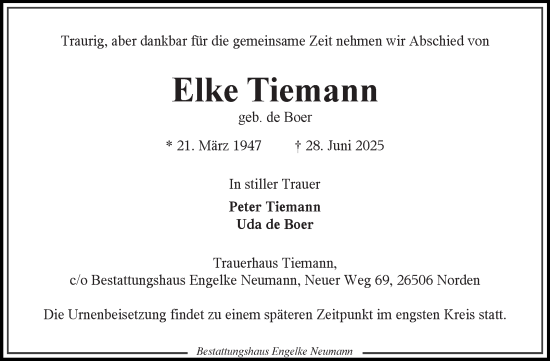 Traueranzeige von Elke Tiemann von Ostfriesischer Kurier