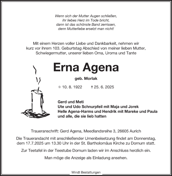Traueranzeige von Erna Agena von Ostfriesischer Kurier