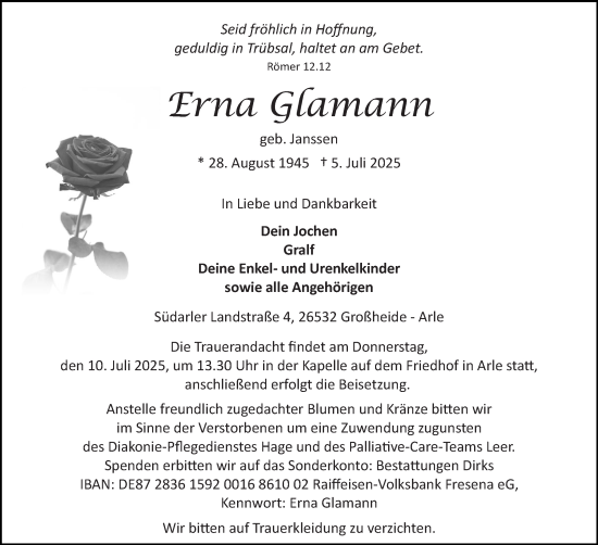 Traueranzeige von Erna Glamann von Ostfriesischer Kurier