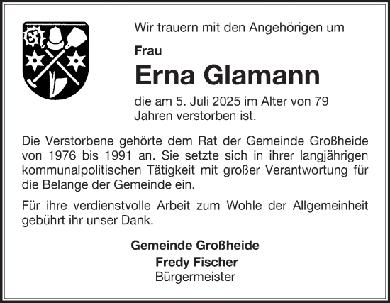 Traueranzeige von Erna Glamann von Ostfriesischer Kurier