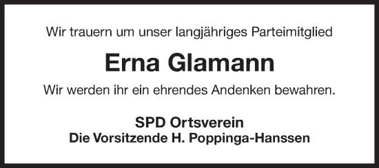 Traueranzeige von Erna Glamann von Ostfriesischer Kurier