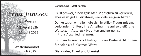 Traueranzeige von Erna Janssen von Ostfriesischer Kurier